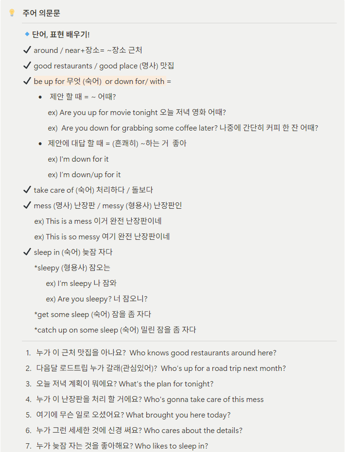 주어 의문문 학습 자료 화면. 핵심 단어와 표현, 한국어 해설, 예문과 의문문 연습 문장이 정리되어 있다.
